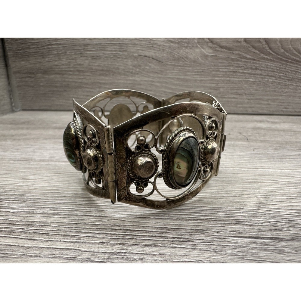 HECHO EN MEXICO Silver Tone Aztec Warrior Abalone Panel Bracelet 7"